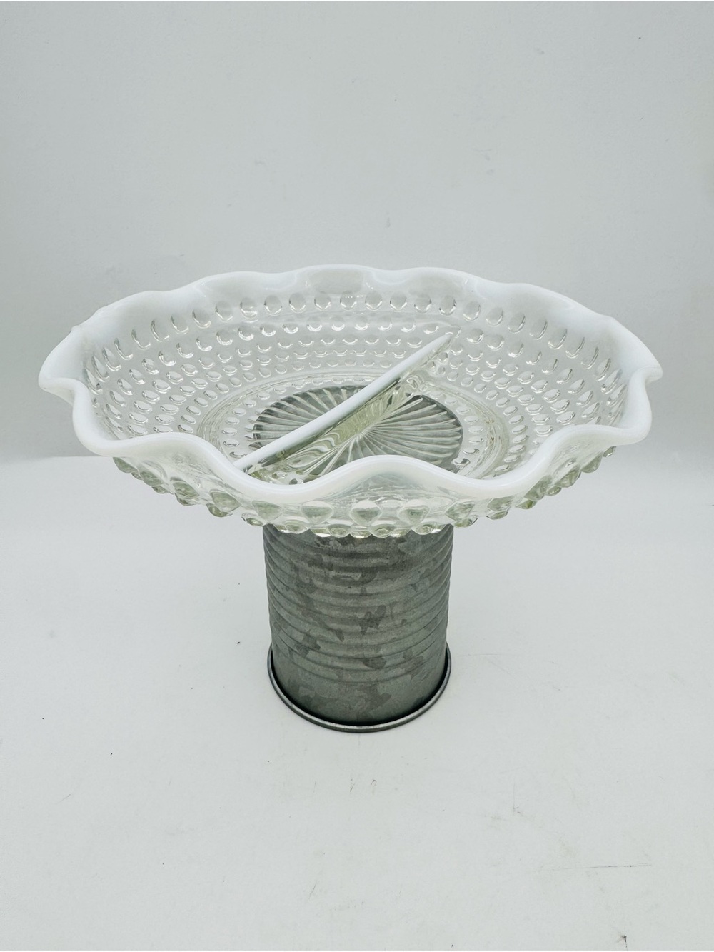 Vintage Fenton Hobnail White Opalescent Glass Divided Dish